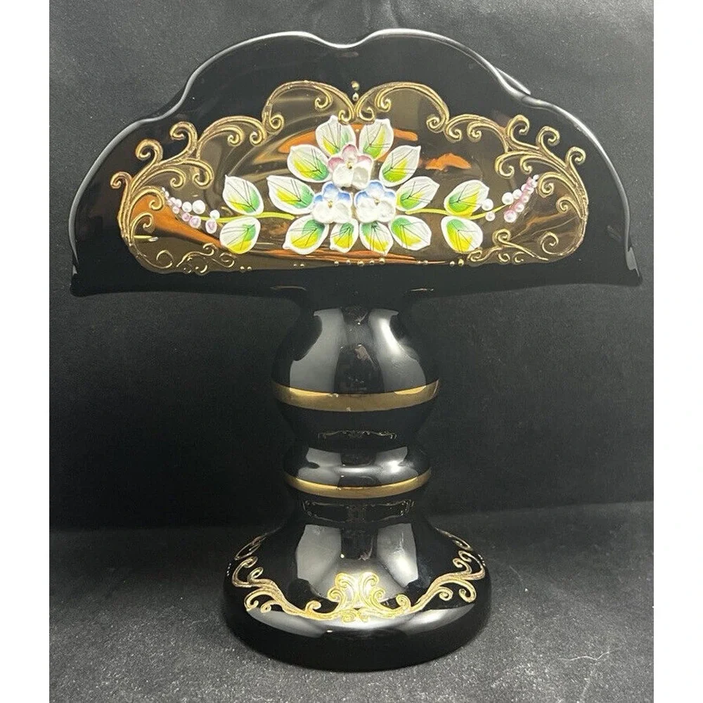 Czech Bohemian Egermann 24K Gold Enamel Black Art Glass Napkin Holder